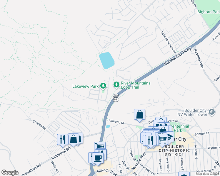 map of restaurants, bars, coffee shops, grocery stores, and more near 115 Forest Lane in Boulder City