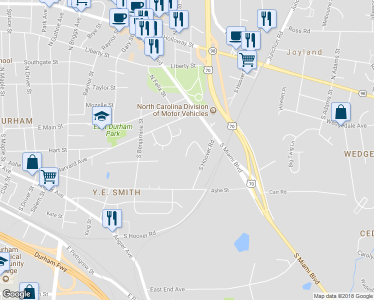 map of restaurants, bars, coffee shops, grocery stores, and more near 405 Hilltop Drive in Durham