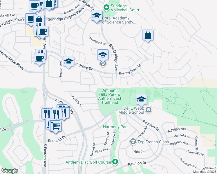 map of restaurants, bars, coffee shops, grocery stores, and more near 2311 Silver Crew Pass in Henderson