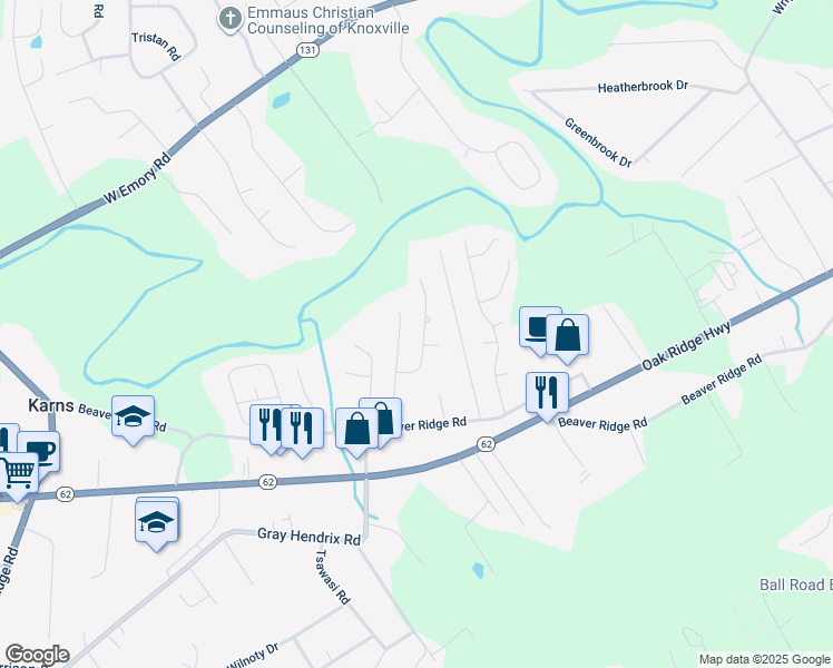 map of restaurants, bars, coffee shops, grocery stores, and more near 7105 Presidential Lane in Knoxville