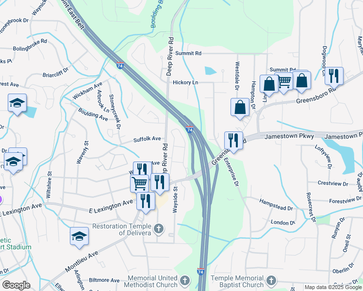 map of restaurants, bars, coffee shops, grocery stores, and more near 1411 Bergamot Loop in High Point