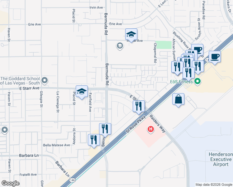 map of restaurants, bars, coffee shops, grocery stores, and more near 3785 Via Gaetano in Henderson