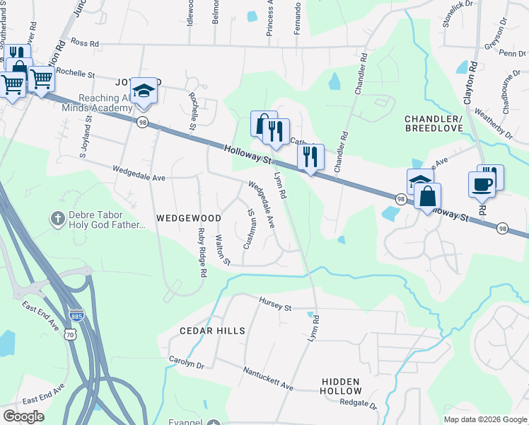 map of restaurants, bars, coffee shops, grocery stores, and more near 3016 Wedgedale Avenue in Durham