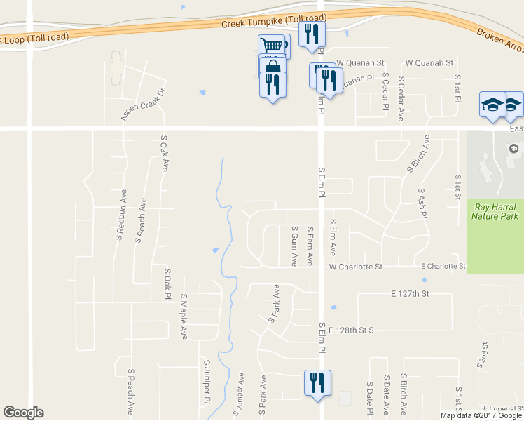 map of restaurants, bars, coffee shops, grocery stores, and more near 15399 South Hickory Avenue in Broken Arrow