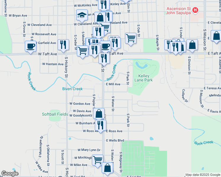 map of restaurants, bars, coffee shops, grocery stores, and more near 11 East Mill Avenue in Sapulpa