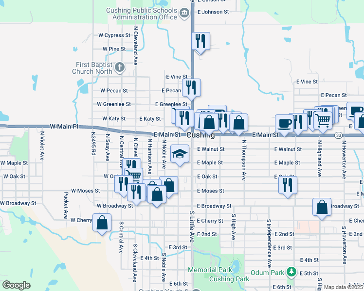 map of restaurants, bars, coffee shops, grocery stores, and more near 421 Oklahoma 33 in Cushing