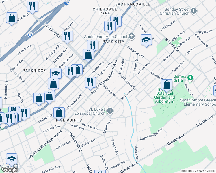 map of restaurants, bars, coffee shops, grocery stores, and more near 2614 Martin Luther King Junior Avenue in Knoxville