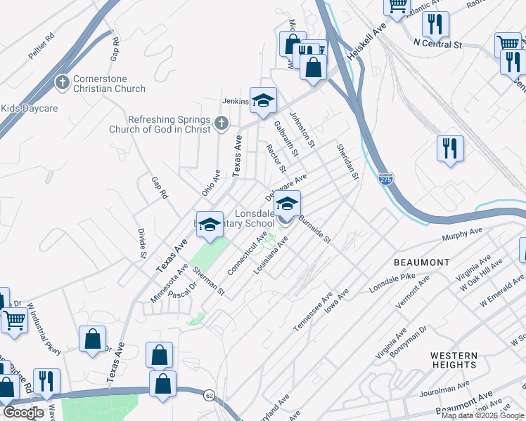 map of restaurants, bars, coffee shops, grocery stores, and more near 1324 Delaware Avenue in Knoxville