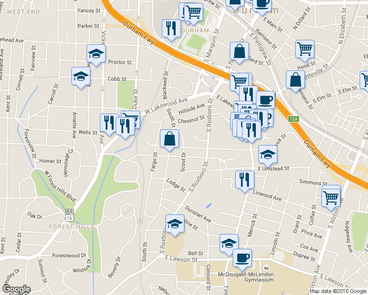 map of restaurants, bars, coffee shops, grocery stores, and more near 101 West Piedmont Avenue in Durham