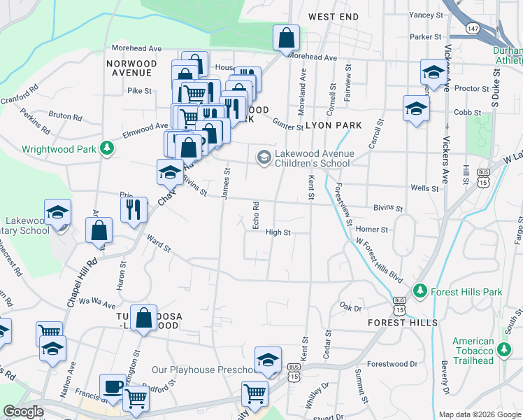 map of restaurants, bars, coffee shops, grocery stores, and more near 1802 Bivins Street in Durham