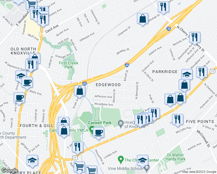 map of restaurants, bars, coffee shops, grocery stores, and more near 1619 Washington Avenue in Knoxville