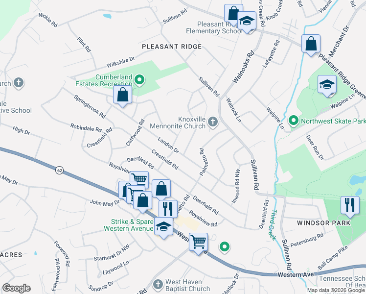 map of restaurants, bars, coffee shops, grocery stores, and more near 5409 Bluefield Road in Knoxville
