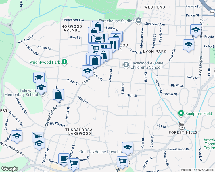 map of restaurants, bars, coffee shops, grocery stores, and more near 1508 James Street in Durham