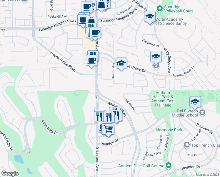 map of restaurants, bars, coffee shops, grocery stores, and more near 2587 Grizzly Park Court in Henderson