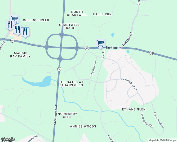 map of restaurants, bars, coffee shops, grocery stores, and more near 7445 Sextons Creek Drive in Raleigh