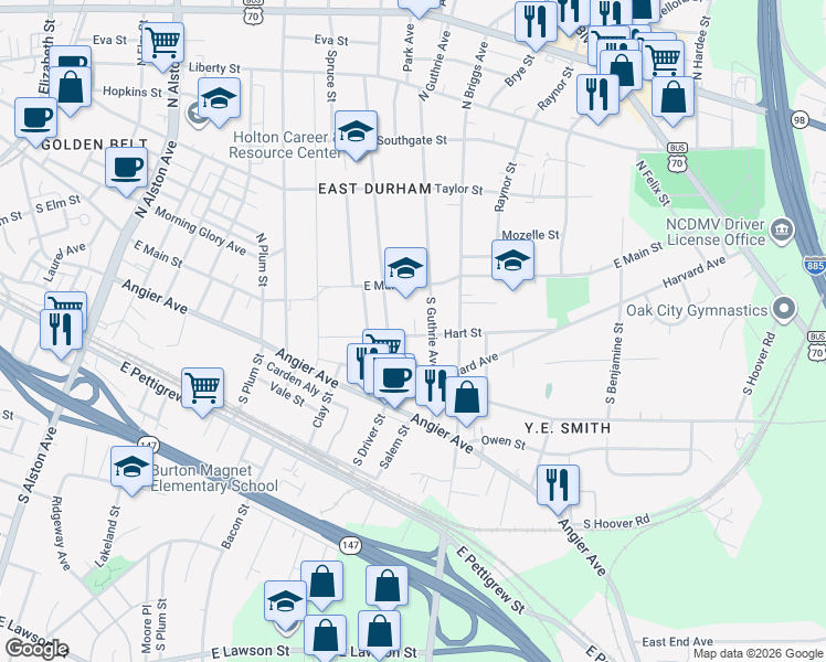 map of restaurants, bars, coffee shops, grocery stores, and more near 115 South Driver Street in Durham
