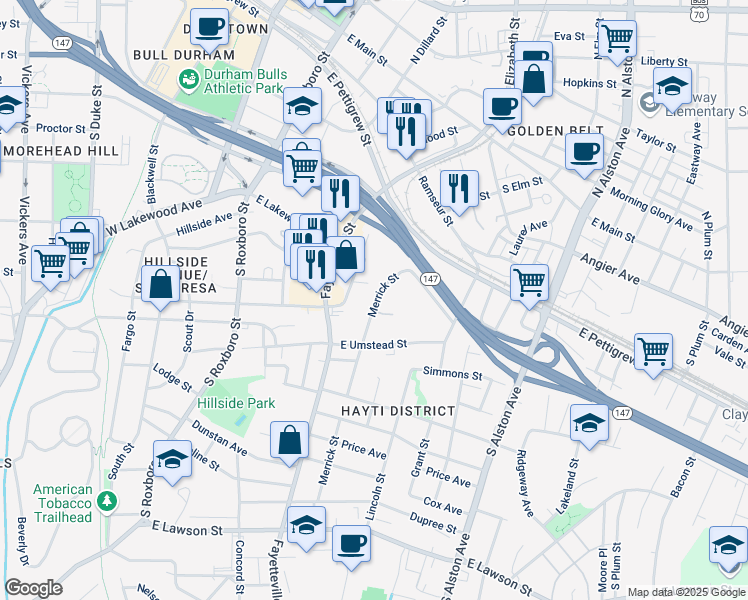 map of restaurants, bars, coffee shops, grocery stores, and more near 19 Hayti Lane in Durham