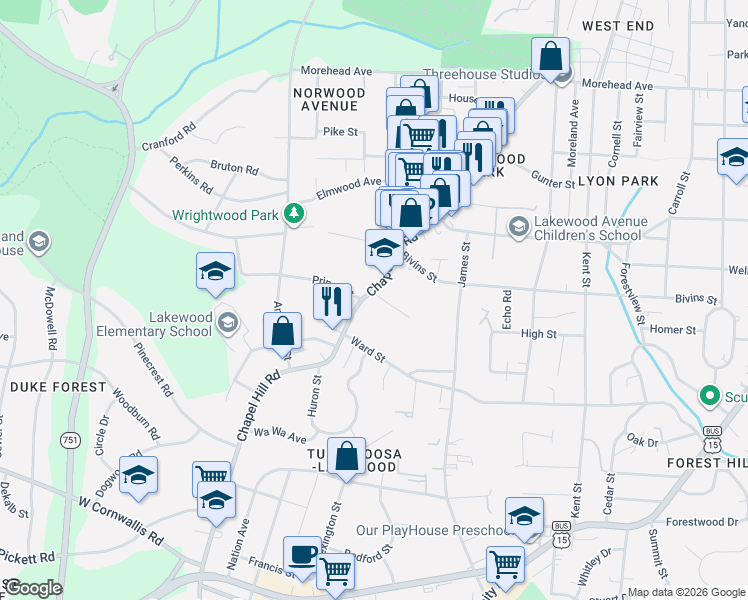 map of restaurants, bars, coffee shops, grocery stores, and more near 2126 Chapel Hill Road in Durham