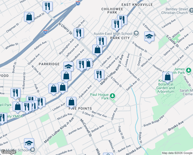 map of restaurants, bars, coffee shops, grocery stores, and more near 2541 Parkview Avenue in Knoxville