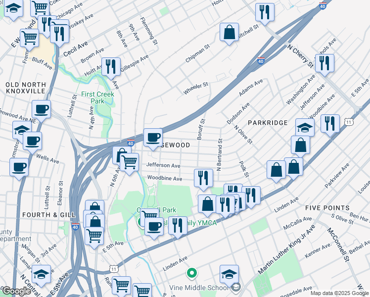 map of restaurants, bars, coffee shops, grocery stores, and more near 1708 East Glenwood Avenue in Knoxville