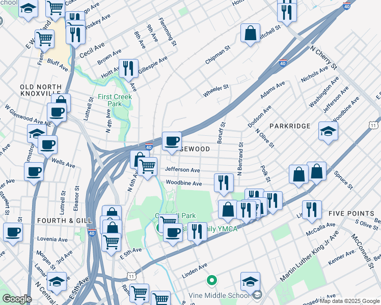 map of restaurants, bars, coffee shops, grocery stores, and more near 1612 East Glenwood Avenue in Knoxville