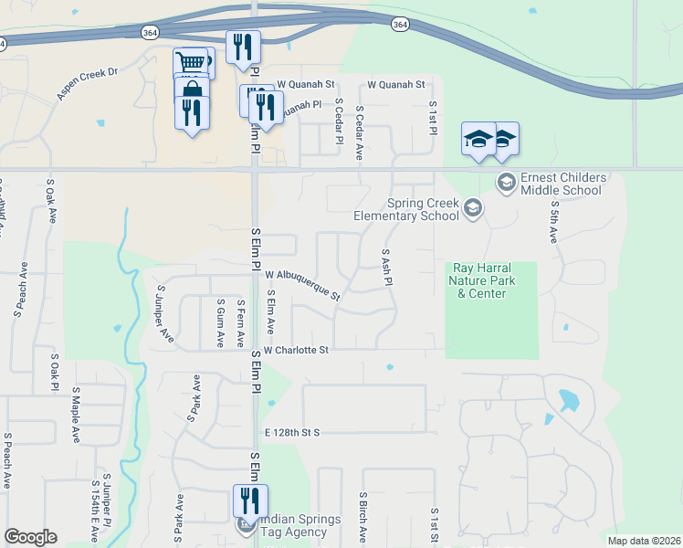map of restaurants, bars, coffee shops, grocery stores, and more near 7201 South Cedar Avenue in Broken Arrow