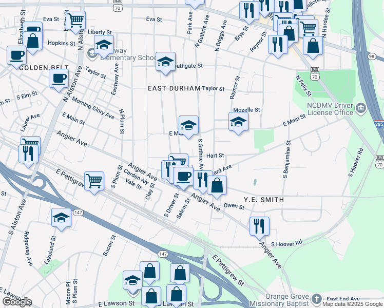 map of restaurants, bars, coffee shops, grocery stores, and more near 115 South Driver Street in Durham
