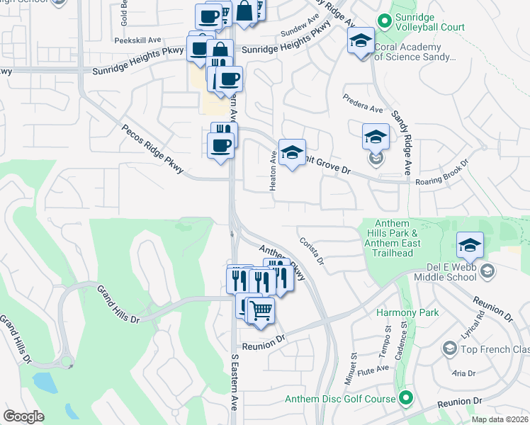 map of restaurants, bars, coffee shops, grocery stores, and more near 2587 Grizzly Park Court in Henderson