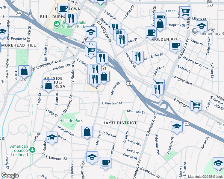 map of restaurants, bars, coffee shops, grocery stores, and more near 19 Hayti Lane in Durham