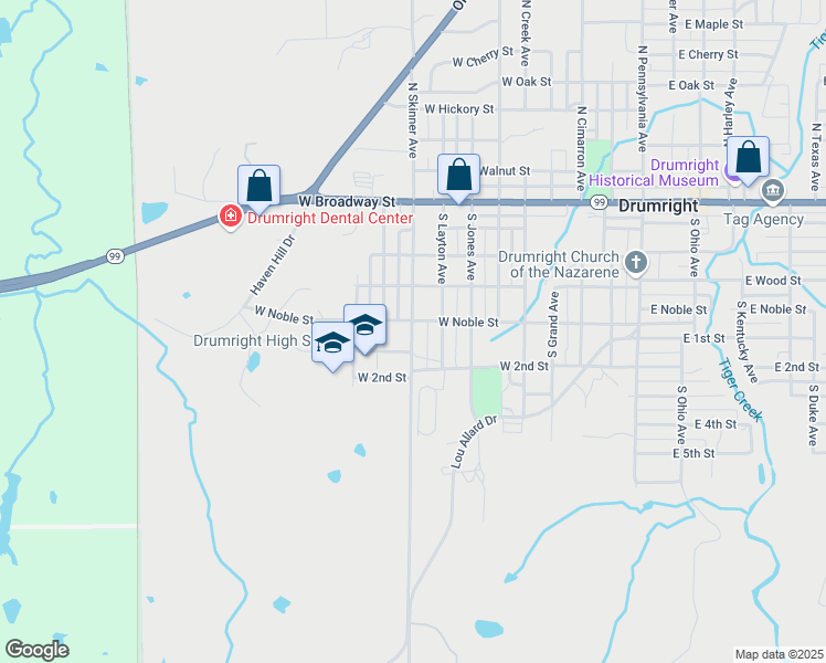 map of restaurants, bars, coffee shops, grocery stores, and more near 508 South Skinner Avenue in Drumright