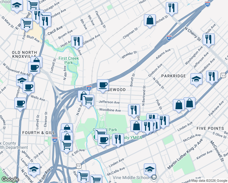 map of restaurants, bars, coffee shops, grocery stores, and more near 1612 East Glenwood Avenue in Knoxville