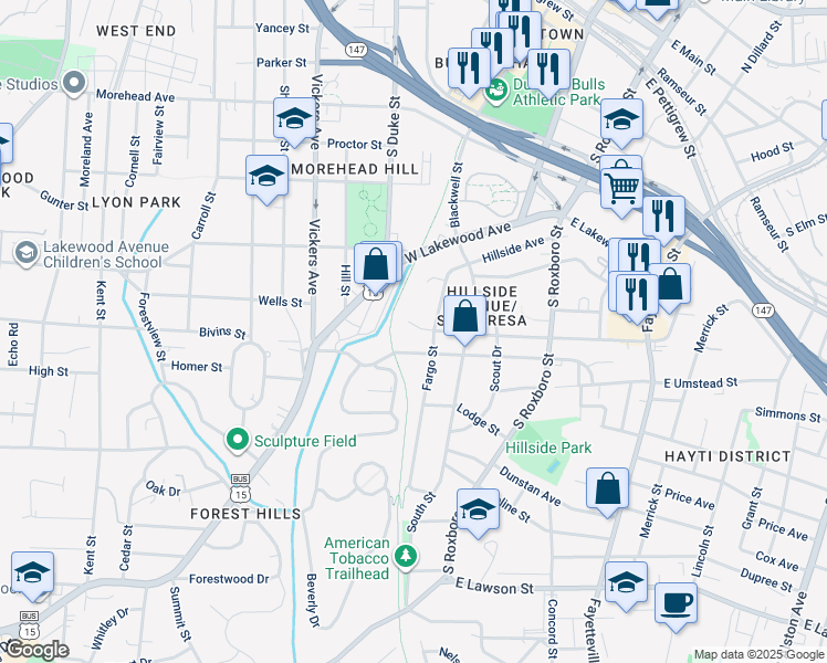 map of restaurants, bars, coffee shops, grocery stores, and more near 1000 Fargo Street in Durham