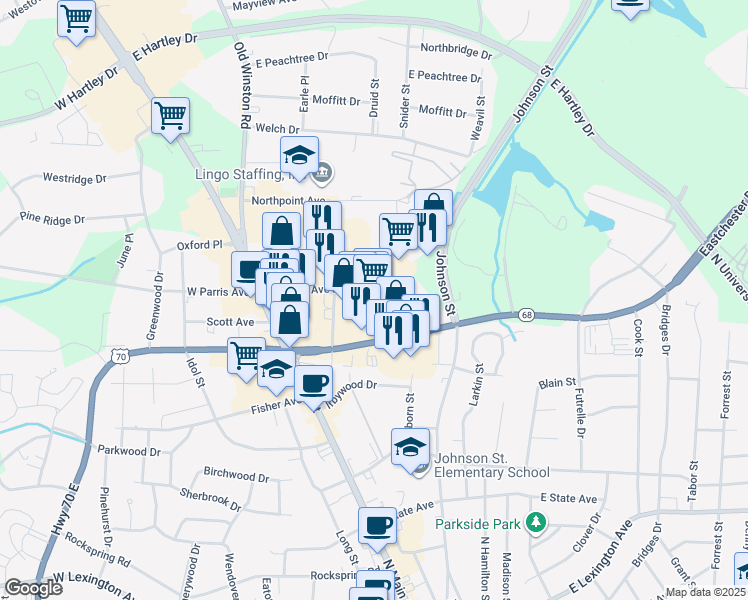 map of restaurants, bars, coffee shops, grocery stores, and more near 265 Eastchester Drive in High Point