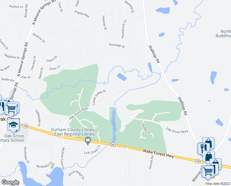 map of restaurants, bars, coffee shops, grocery stores, and more near 7 Epping Court in Durham