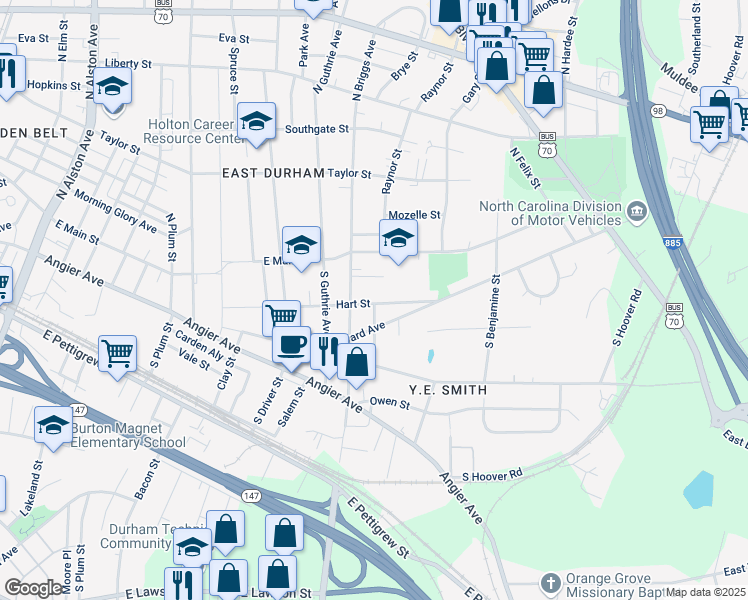 map of restaurants, bars, coffee shops, grocery stores, and more near 2311 Hart Street in Durham