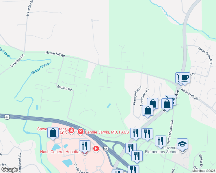 map of restaurants, bars, coffee shops, grocery stores, and more near 7204 Sunflower Road in Rocky Mount