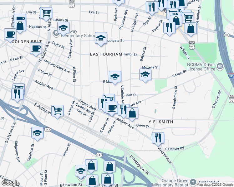 map of restaurants, bars, coffee shops, grocery stores, and more near 115 South Driver Street in Durham