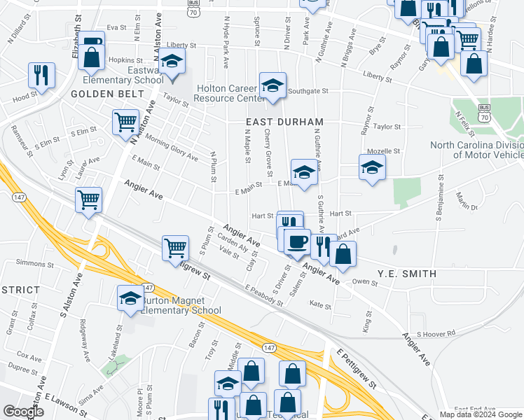 map of restaurants, bars, coffee shops, grocery stores, and more near 112 Roberson Street in Durham
