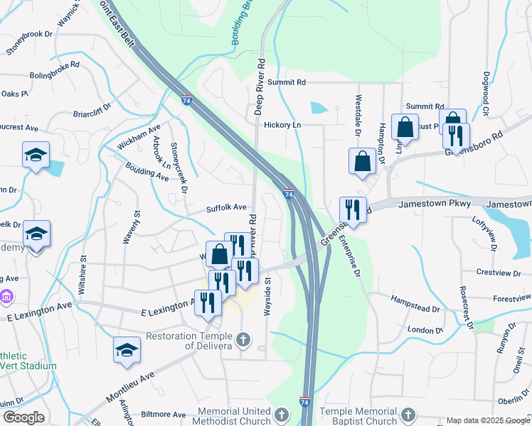 map of restaurants, bars, coffee shops, grocery stores, and more near 1411-G Bergamot Loop in High Point