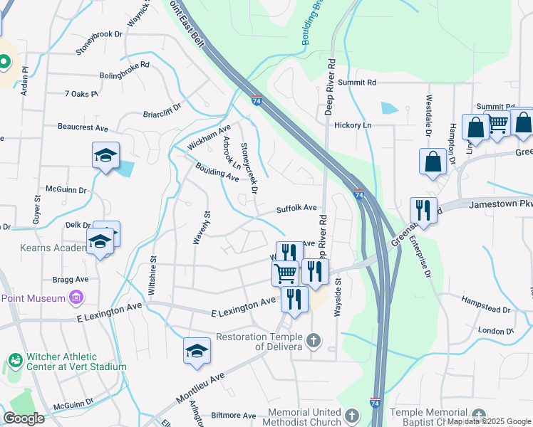 map of restaurants, bars, coffee shops, grocery stores, and more near 2609 Suffolk Avenue in High Point