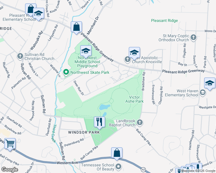 map of restaurants, bars, coffee shops, grocery stores, and more near 4033 Deer Run Drive in Knoxville