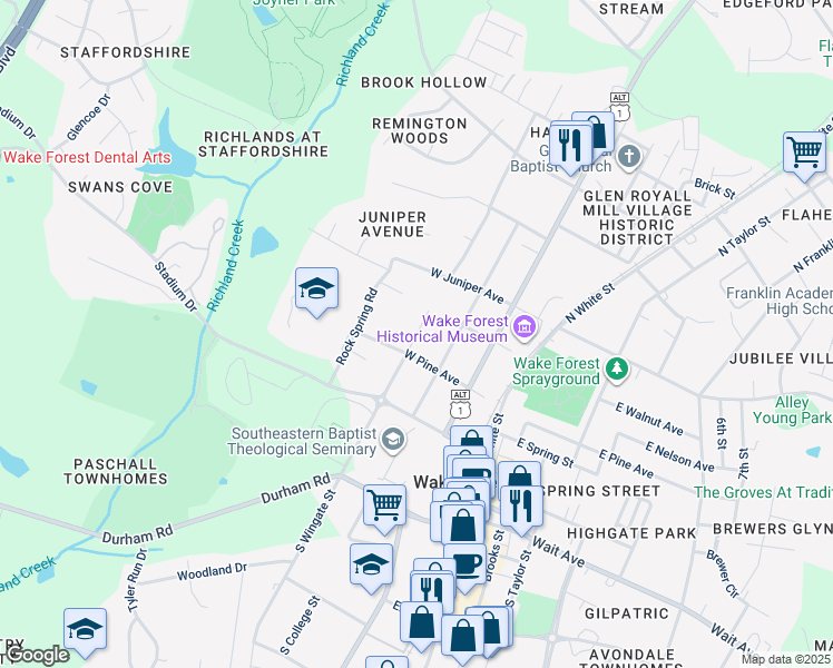 map of restaurants, bars, coffee shops, grocery stores, and more near 317 North Wingate Street in Wake Forest