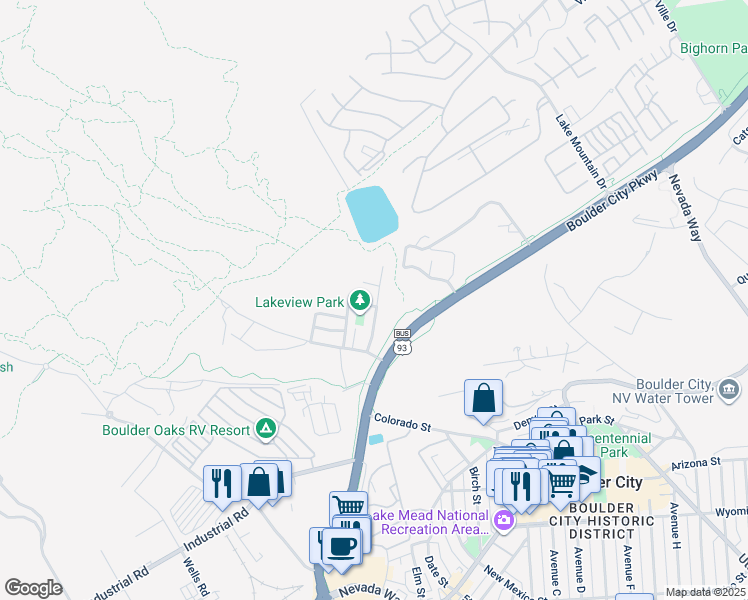 map of restaurants, bars, coffee shops, grocery stores, and more near 100 Walker Way in Boulder City