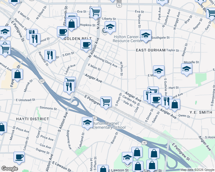 map of restaurants, bars, coffee shops, grocery stores, and more near 1512 Angier Avenue in Durham