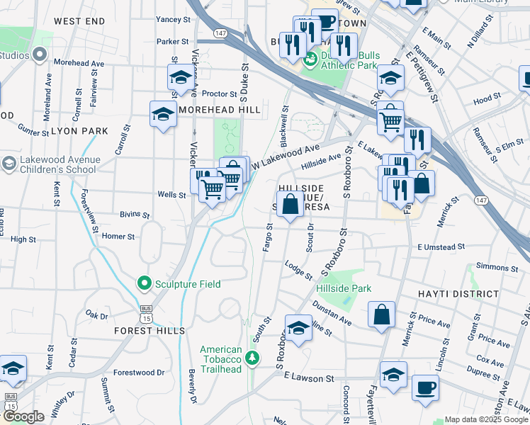 map of restaurants, bars, coffee shops, grocery stores, and more near 1000 Fargo Street in Durham