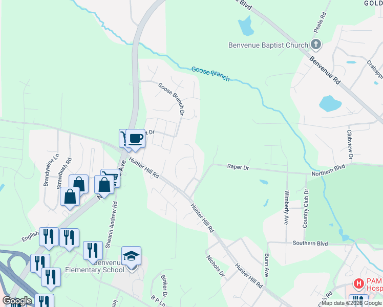 map of restaurants, bars, coffee shops, grocery stores, and more near 1112 Deerchase Drive in Rocky Mount