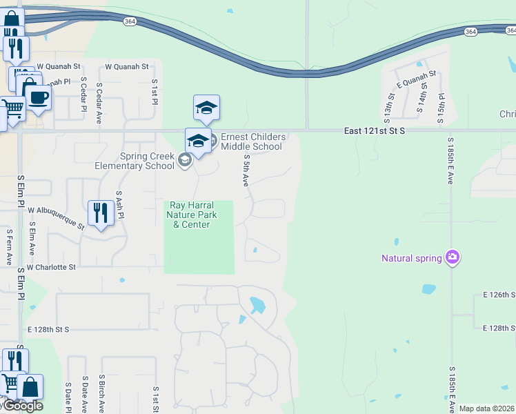 map of restaurants, bars, coffee shops, grocery stores, and more near 501 East Winston Circle in Broken Arrow