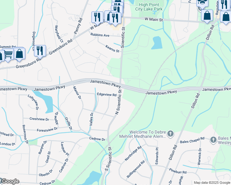 map of restaurants, bars, coffee shops, grocery stores, and more near 305 Edgeview Road in High Point