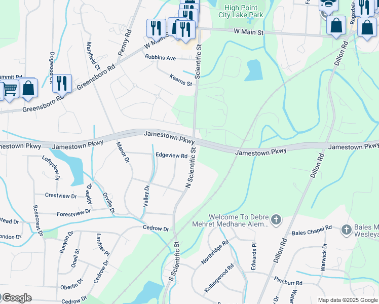 map of restaurants, bars, coffee shops, grocery stores, and more near 307 Edgeview Road in High Point