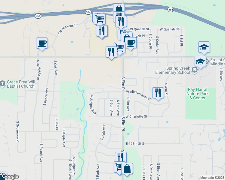 map of restaurants, bars, coffee shops, grocery stores, and more near 6850 South Elm Place in Broken Arrow